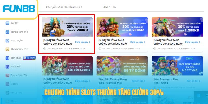 Chương trình slots thưởng tăng cường 30%